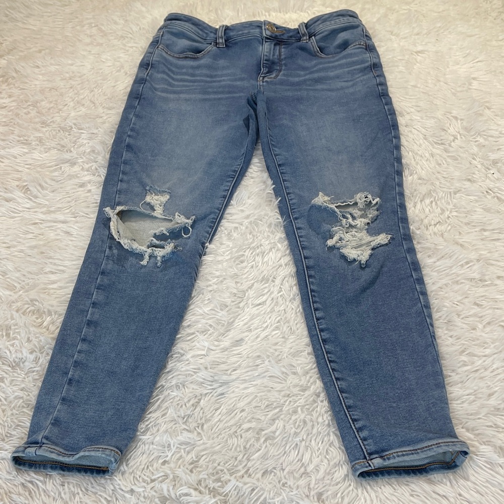 AMERICAN EAGLE NEXT LEVEL HIGH RISE JEGGING Stylish Blue Distress Women SIZE 10